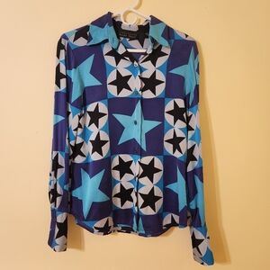 Linda Allard Ellen Tracy Vintage Blue Art Deco Silk Blouse Size 6